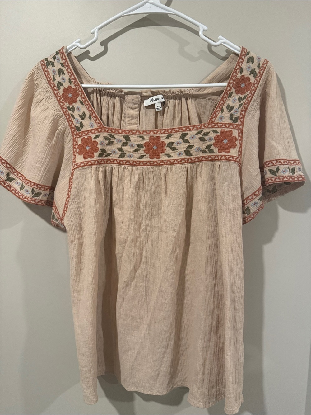 Madewell Peach Floral-Embroidered Square Neck Tunic